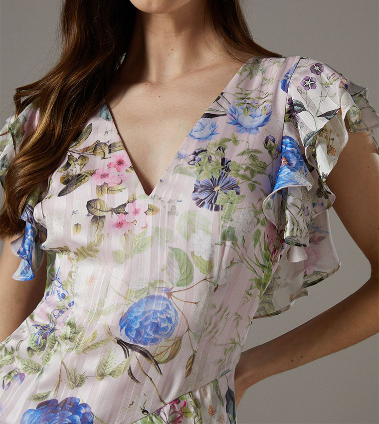 Floral Printed Frill Detail Fitted Maxi Dress