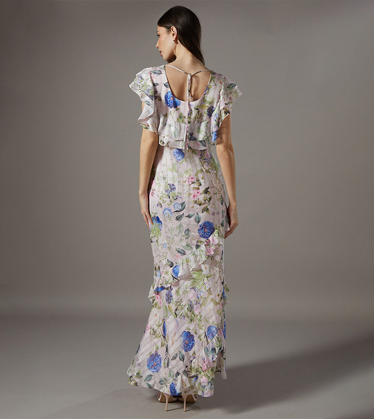 Floral Printed Frill Detail Fitted Maxi Dress