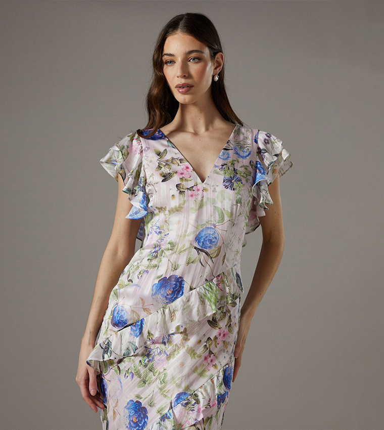 Floral Printed Frill Detail Fitted Maxi Dress