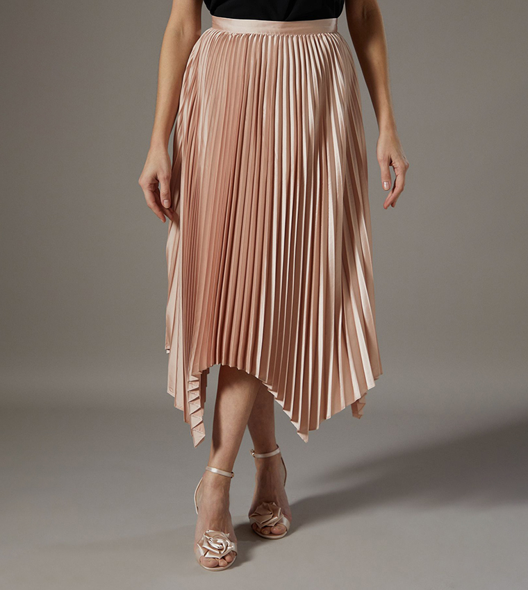 Pleated Satin Midi Skirt