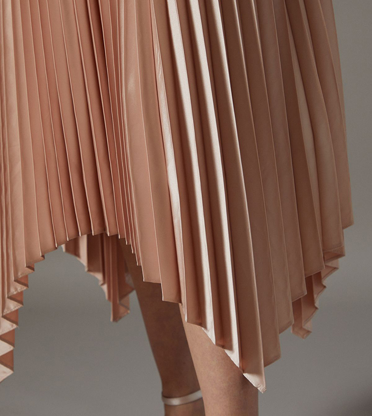 Pleated Satin Midi Skirt