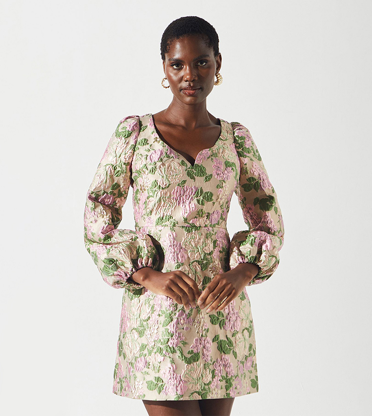 Metallic Floral Print Jacquard Mini Dress