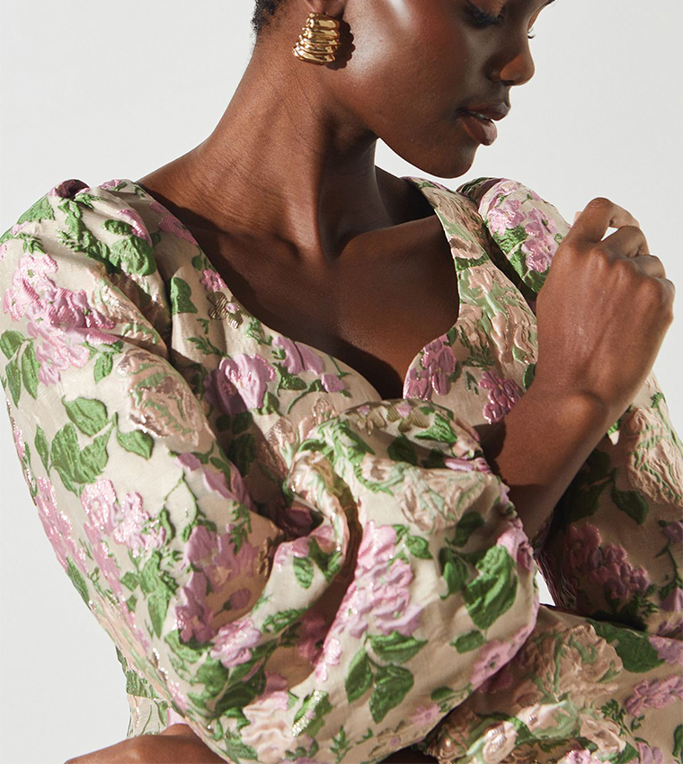 Metallic Floral Print Jacquard Mini Dress
