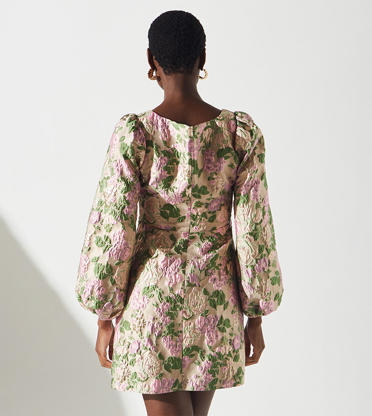 Metallic Floral Print Jacquard Mini Dress
