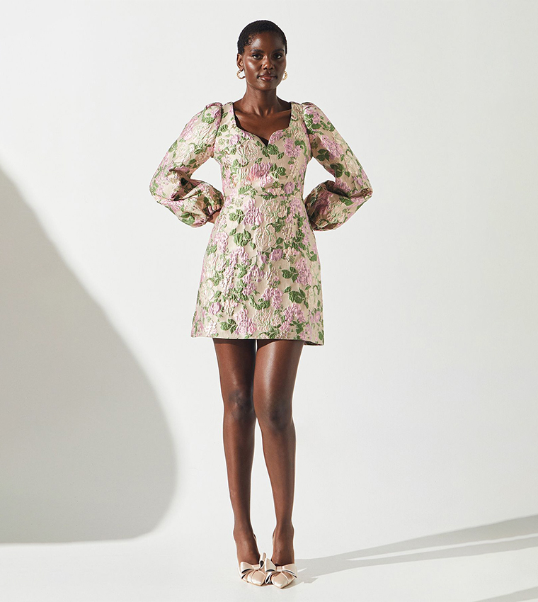 Metallic Floral Print Jacquard Mini Dress