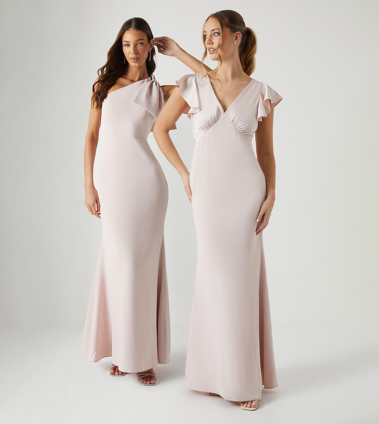 Honored V-Neck Short Sleeves Satin Maxi Bridesmaid Dress