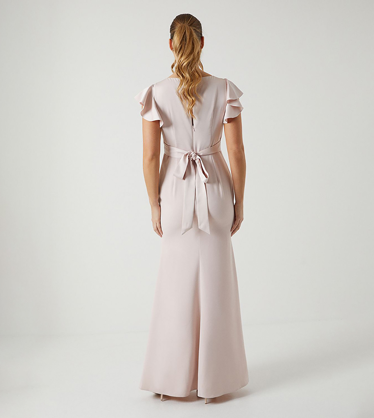 Honored V-Neck Short Sleeves Satin Maxi Bridesmaid Dress