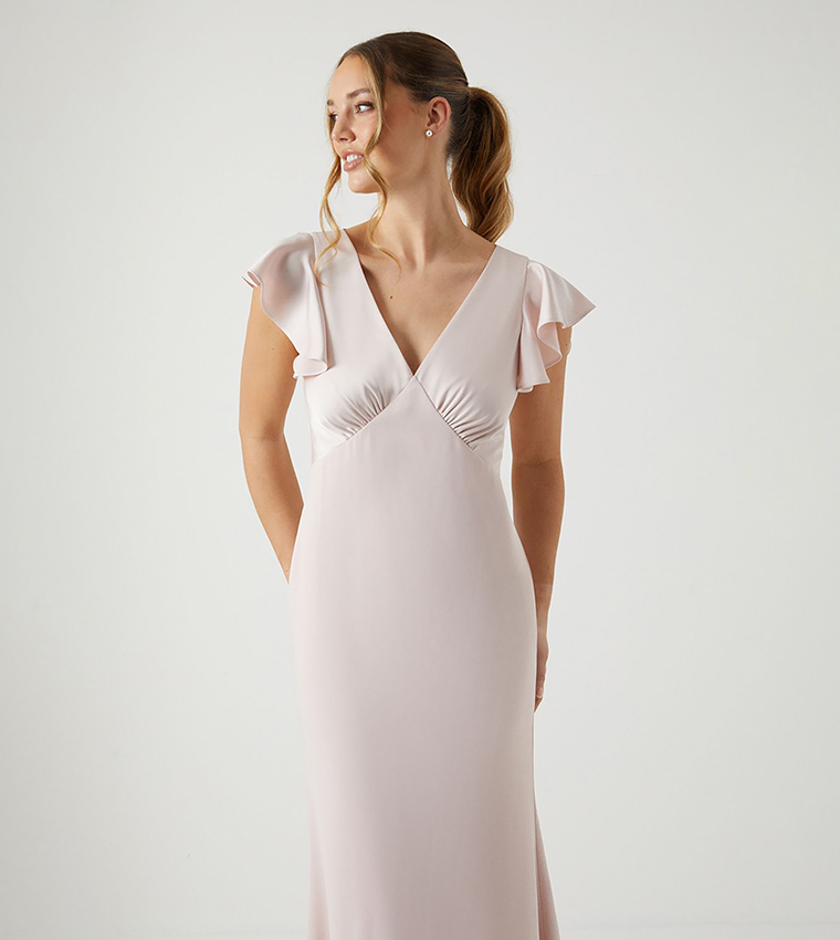 Honored V-Neck Short Sleeves Satin Maxi Bridesmaid Dress