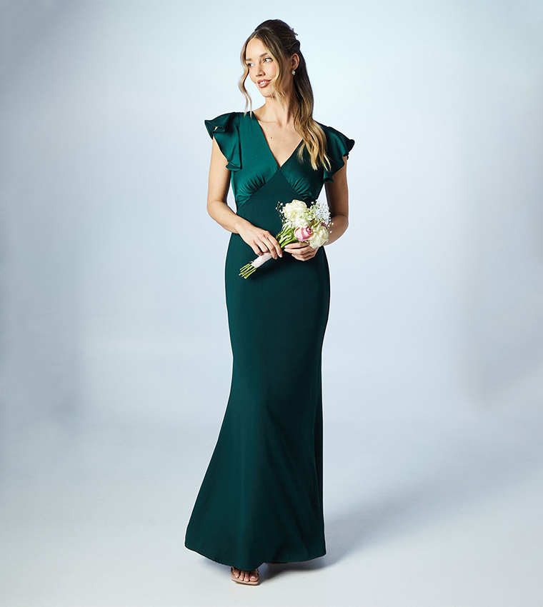 Solid V-Neck Satin Bridesmaids Maxi Dress