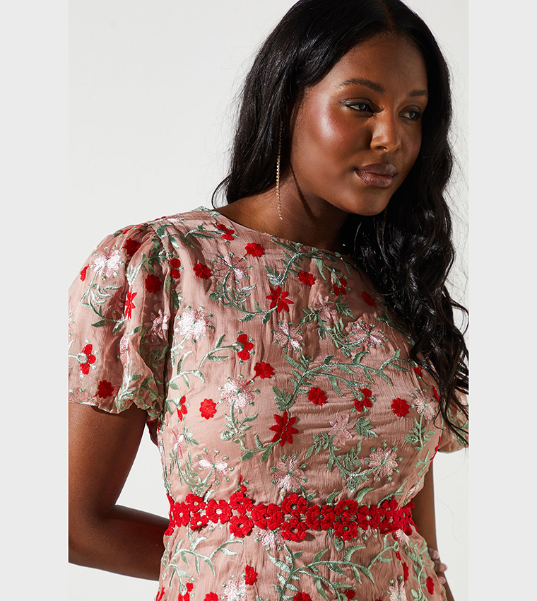 Floral Embroidered Lace Trim Midi Dress