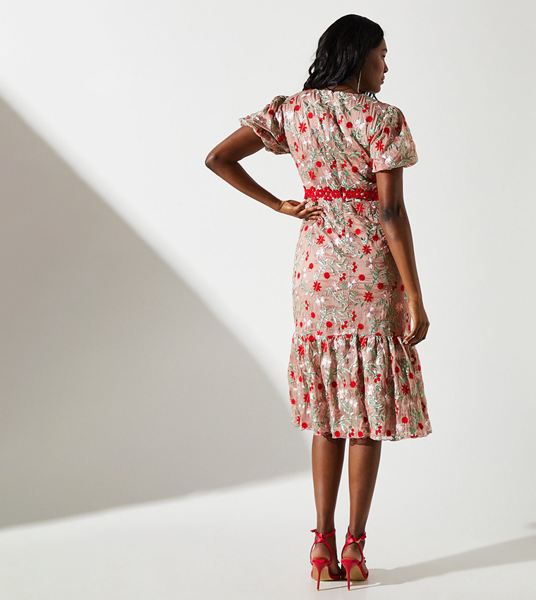 Floral Embroidered Lace Trim Midi Dress
