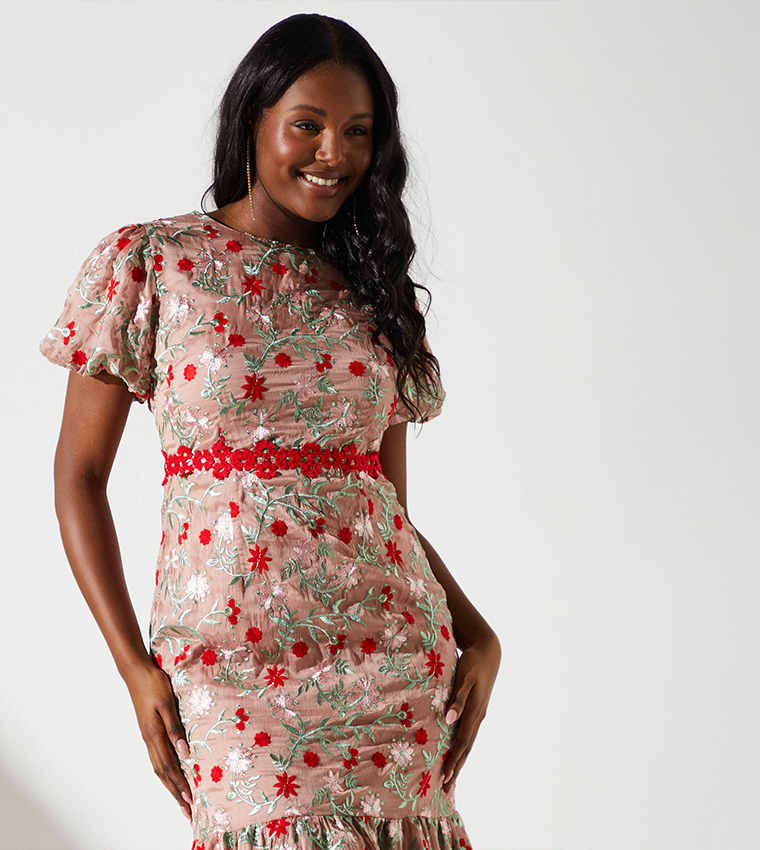 Floral Embroidered Lace Trim Midi Dress