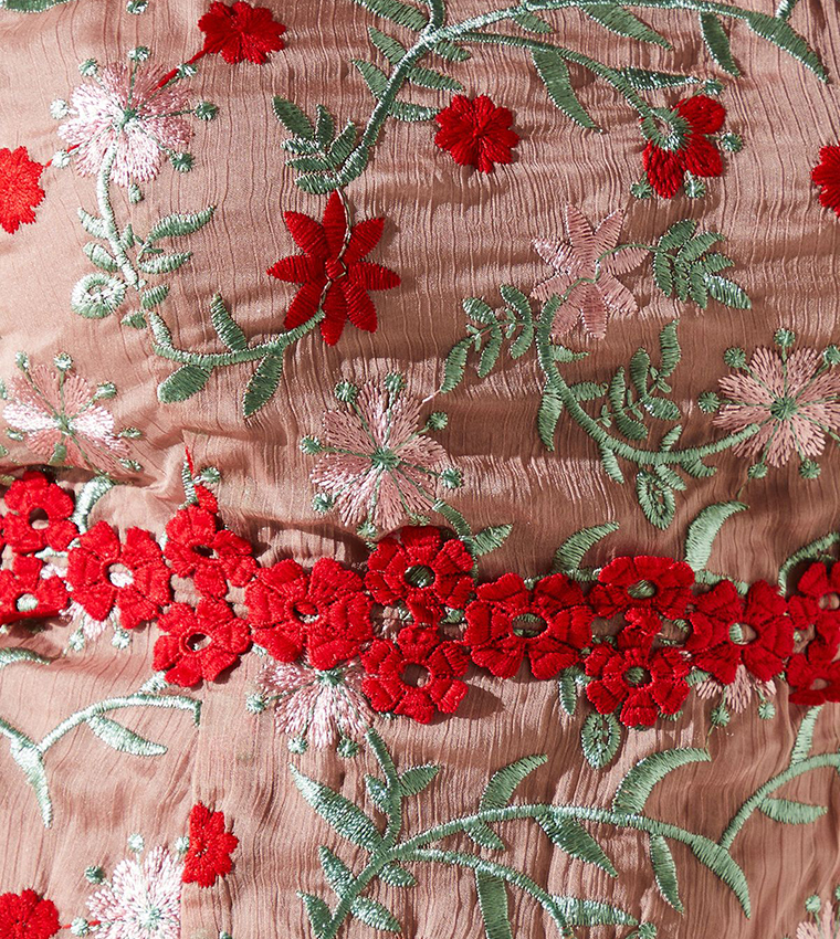 Floral Embroidered Lace Trim Midi Dress