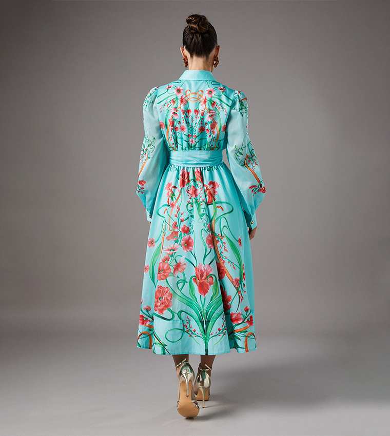 Boarder Print Organza Midi Shirt Dress