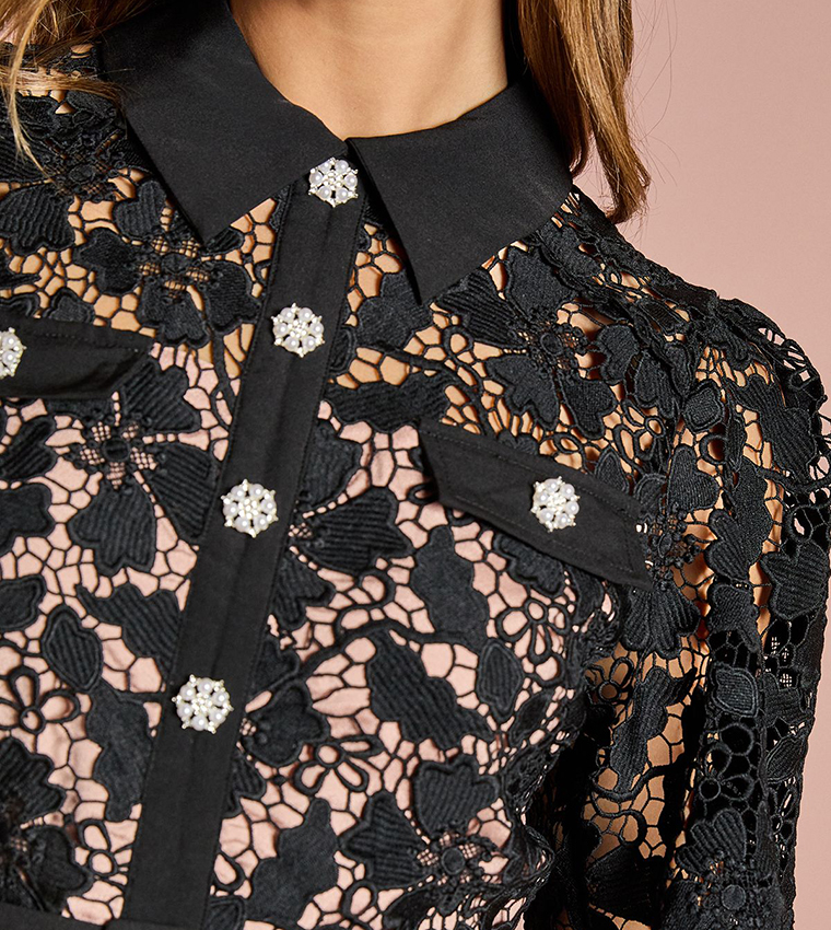 Lace Shirt Mini Belted Dress