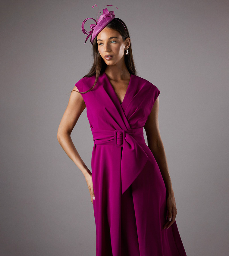 Solid Belted Crepe Midi Dress