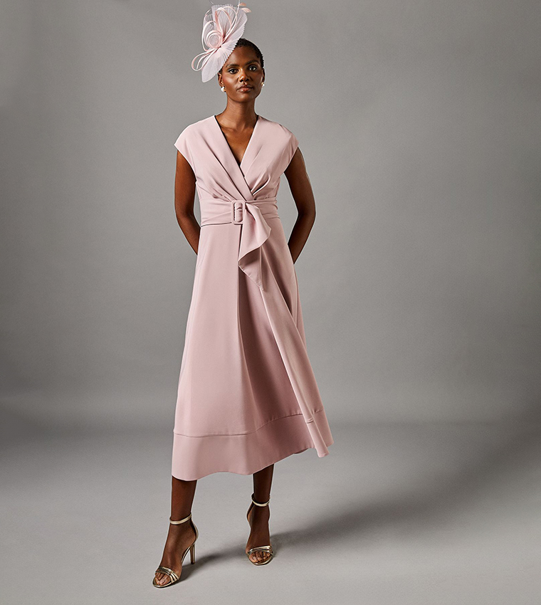 V-Neck Belted Crepe Midi Dress