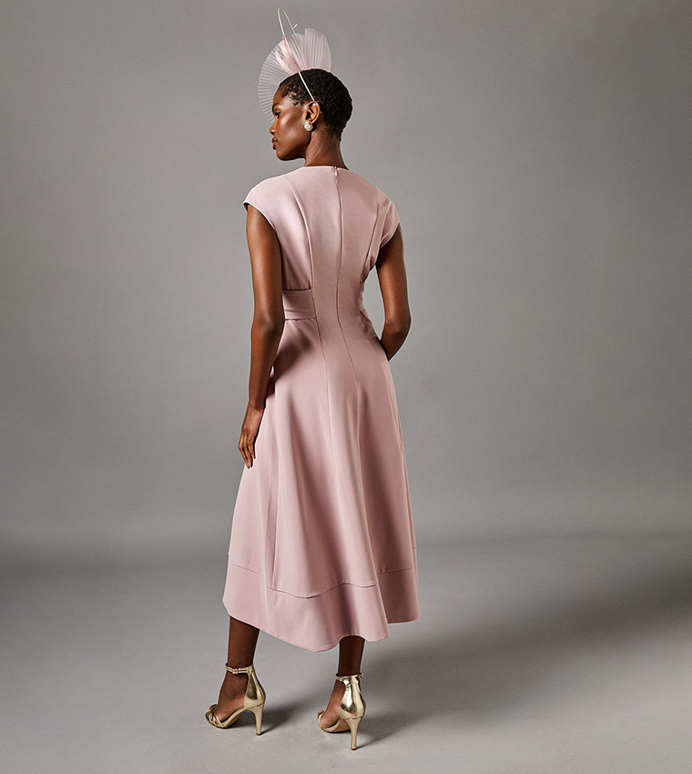 V-Neck Belted Crepe Midi Dress