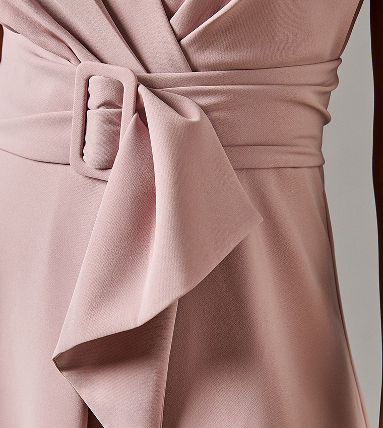 V-Neck Belted Crepe Midi Dress