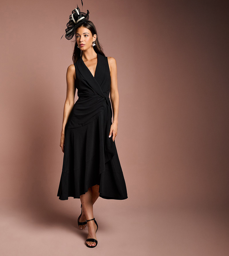 Draped Shawl Collar Asymmetric Hem Midi Dress