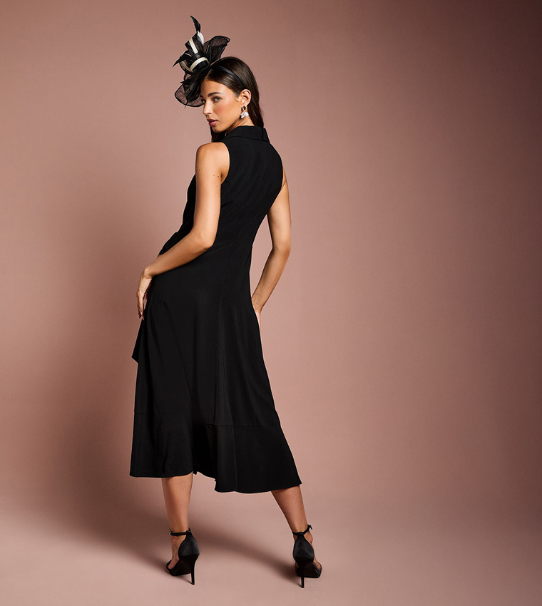 Draped Shawl Collar Asymmetric Hem Midi Dress