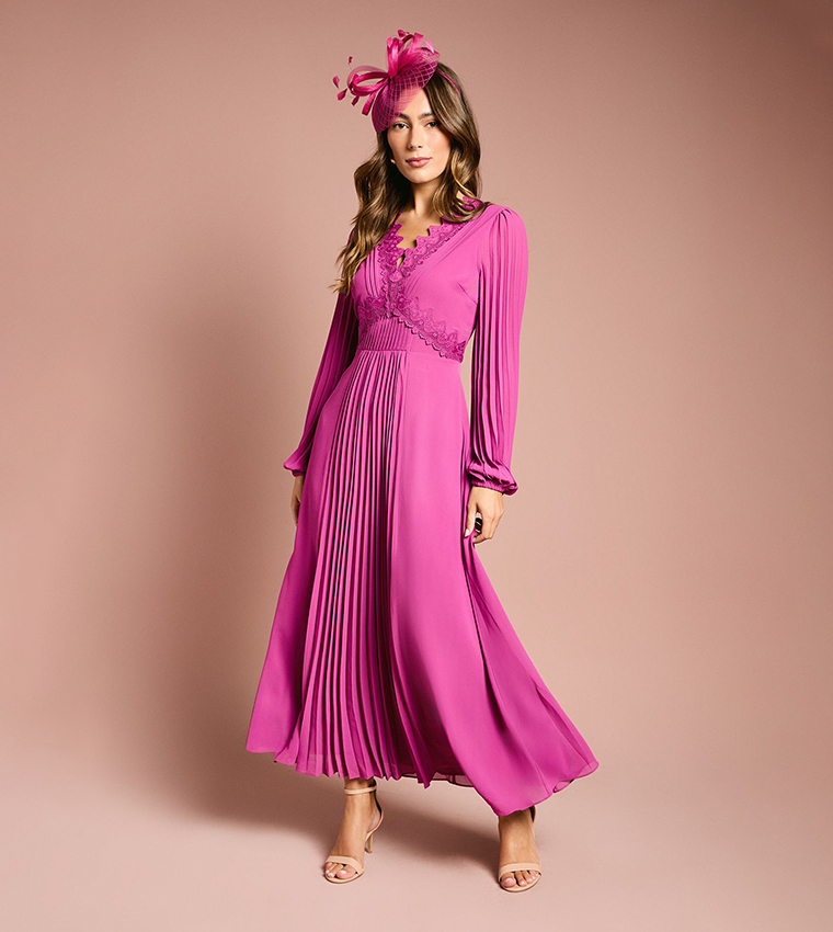 Pleat Detail Lace Trim Maxi Dress