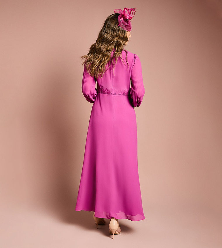 Pleat Detail Lace Trim Maxi Dress