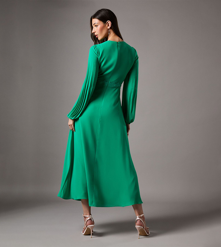 Pleated Detail Lace Trim Maxi Dress