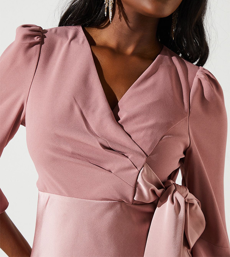 Solid Satin Mix Wrap Midi Dress