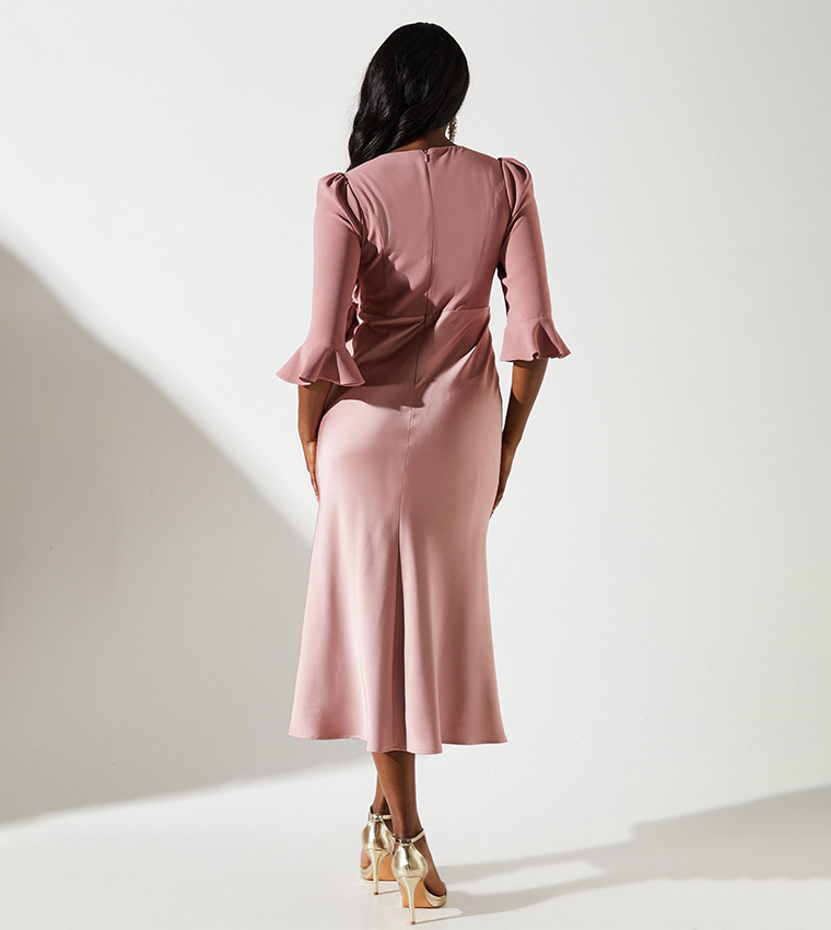 Solid Satin Mix Wrap Midi Dress