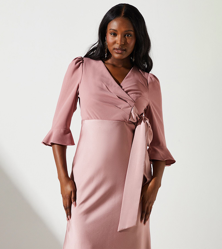 Solid Satin Mix Wrap Midi Dress