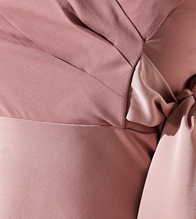 Solid Satin Mix Wrap Midi Dress