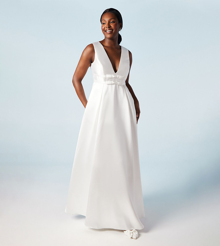 Bow Detail Full Skirted Twill Maxi Wedding Dress