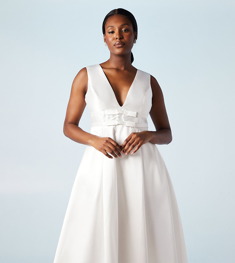 Bow Detail Full Skirted Twill Maxi Wedding Dress
