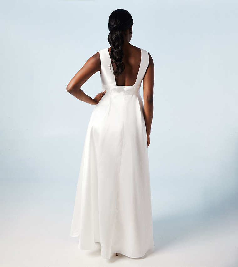 Bow Detail Full Skirted Twill Maxi Wedding Dress