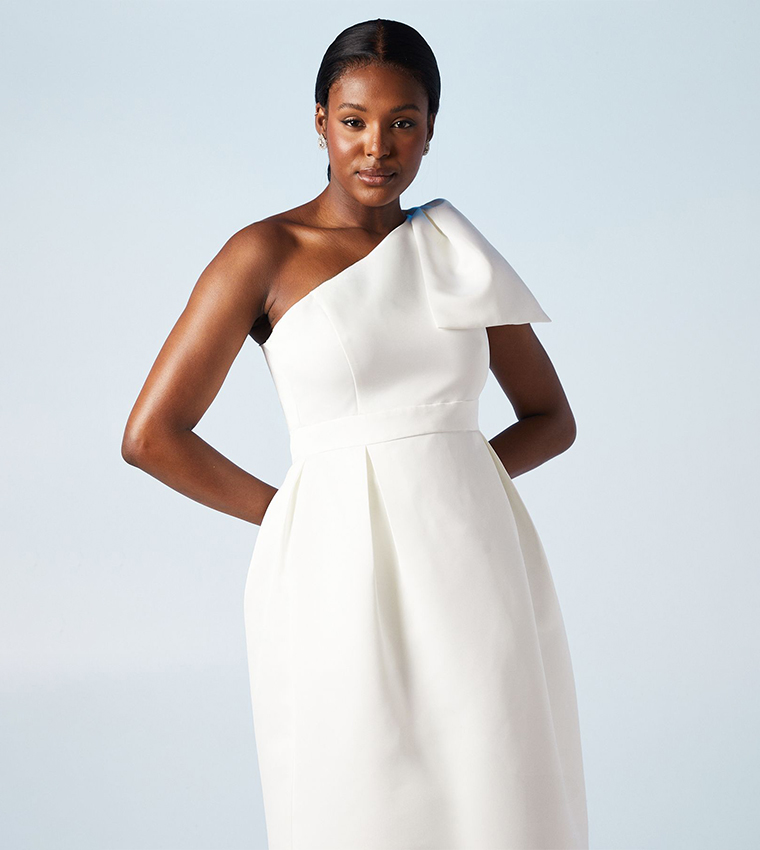 Statement Bow Off Shoulder Bridal Midi Dress