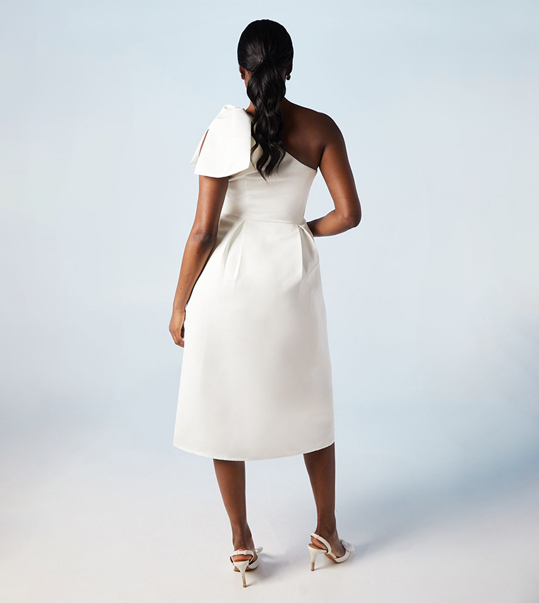 Statement Bow Off Shoulder Bridal Midi Dress