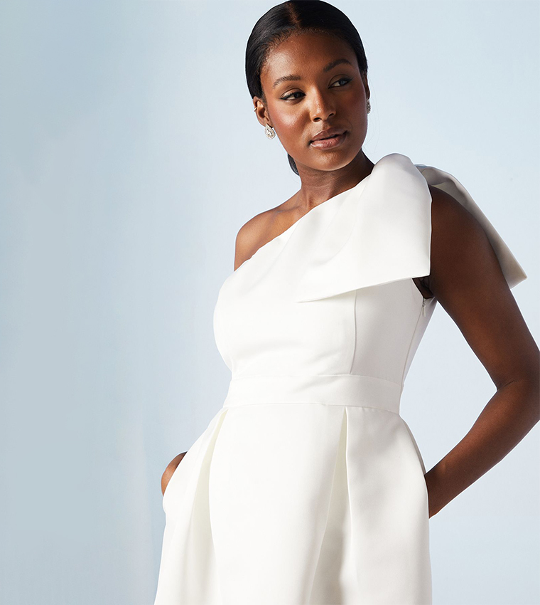 Statement Bow Off Shoulder Bridal Midi Dress