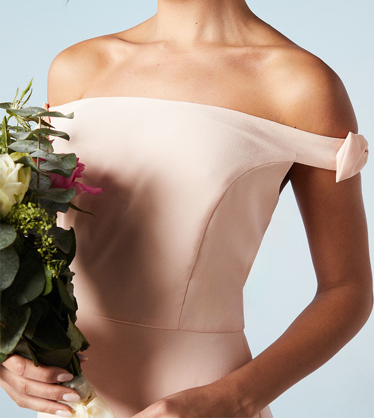 Bow Off Shoulder Crepe Fishtail Bridesmaids Maxi Dress