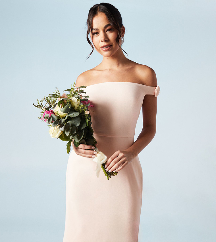 Bow Off Shoulder Crepe Fishtail Bridesmaids Maxi Dress