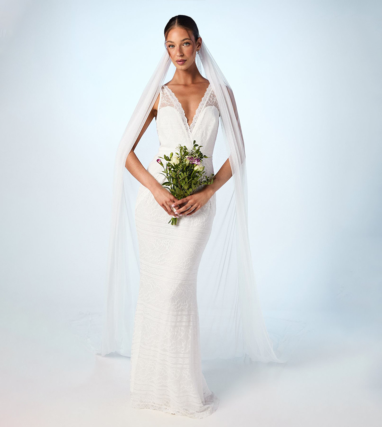 Plunge Neck Boho Fishtail Wedding Dress