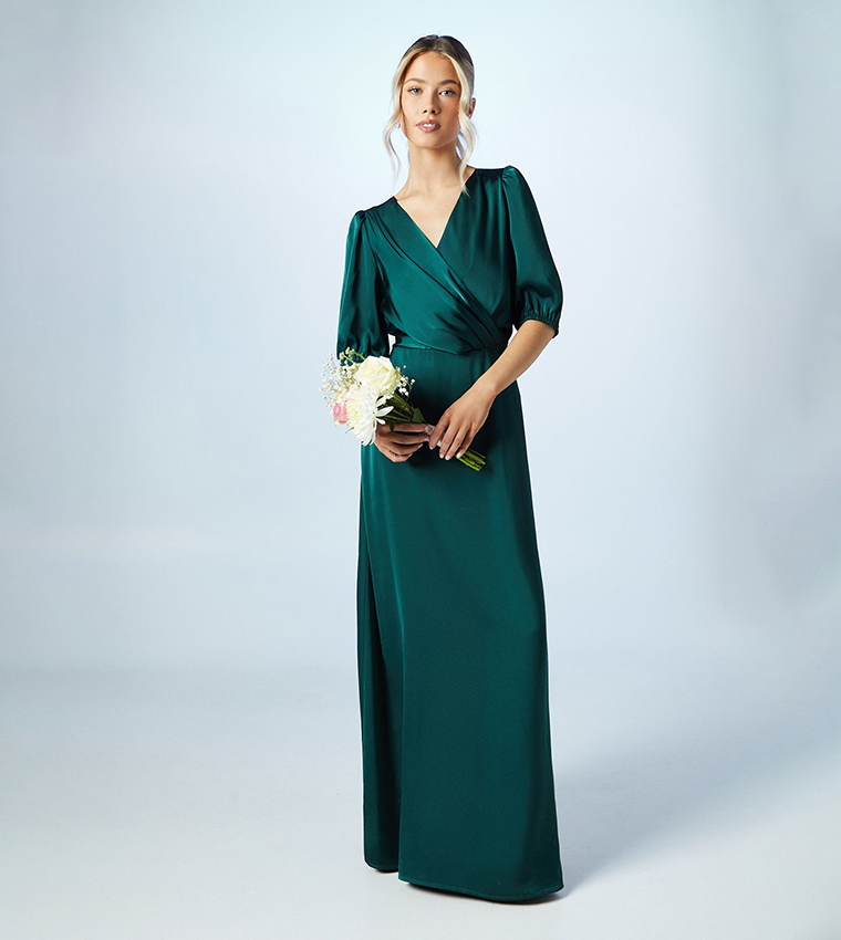 Teen Puff Sleeves Satin Bridesmaids Dress