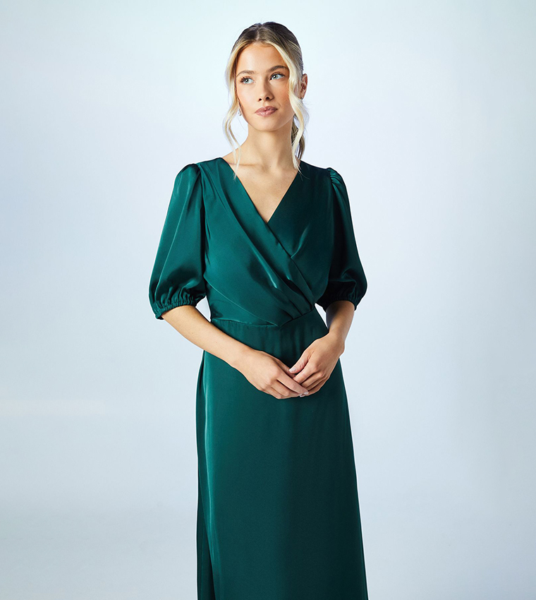 Teen Puff Sleeves Satin Bridesmaids Dress