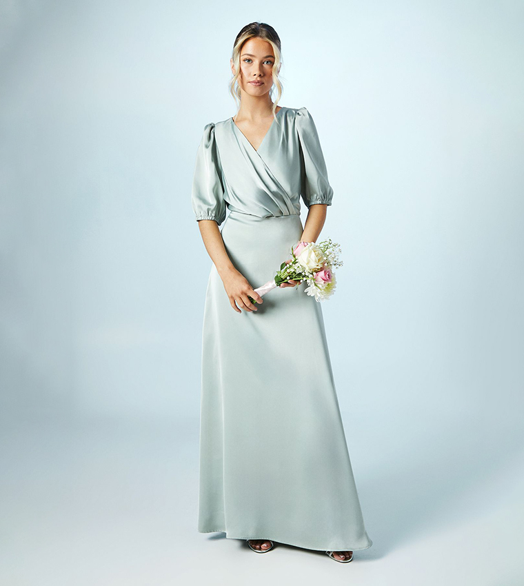Teen Puff Sleeves Satin Bridesmaids Dress