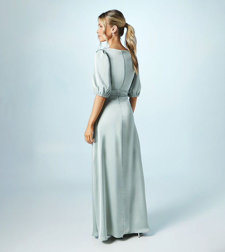 Teen Puff Sleeves Satin Bridesmaids Dress