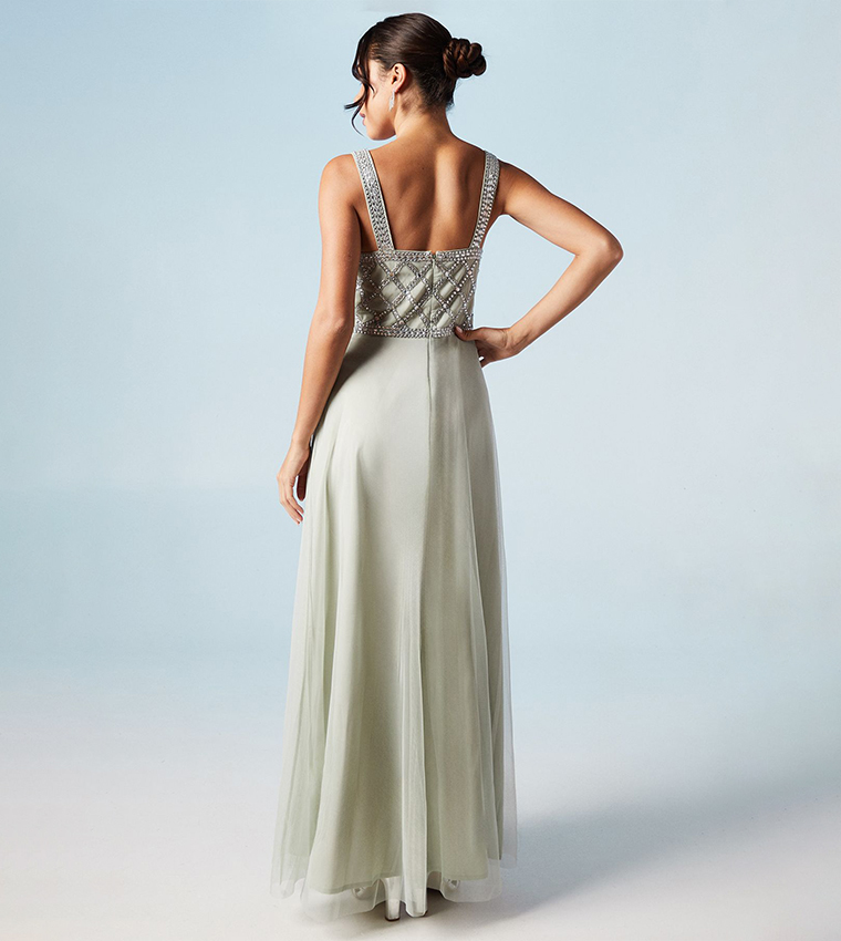Diamante Geo Bodice Tulle Bridesmaids Maxi Dress