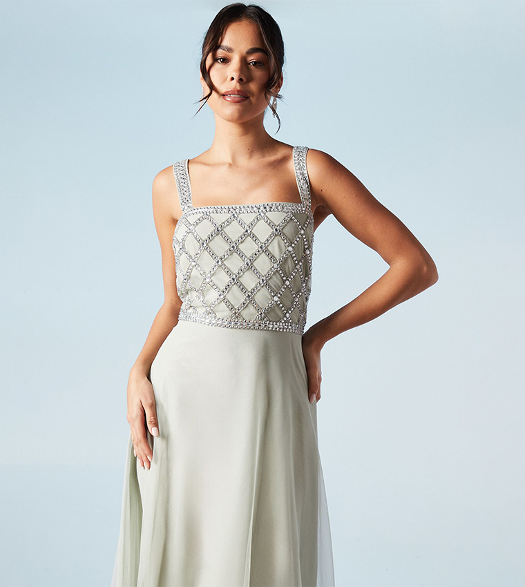 Diamante Geo Bodice Tulle Bridesmaids Maxi Dress