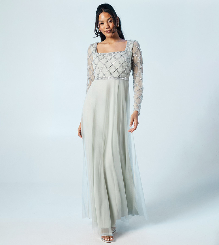 Diamante Geo Bodice Long Sleeves Tulle Bridesmaids Dress