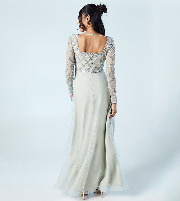 Diamante Geo Bodice Long Sleeves Tulle Bridesmaids Dress