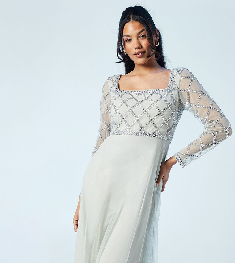 Diamante Geo Bodice Long Sleeves Tulle Bridesmaids Dress